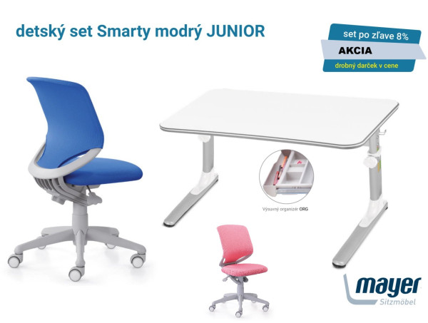 MAYER Detský rastúci stôl JUNIOR 32W1 18 dekor biely + stolička SMARTY modrá alebo ružová