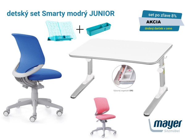 MAYER Detský rastúci stôl JUNIOR 32W1 18 dekor biely + stolička SMARTY modrá alebo ružová